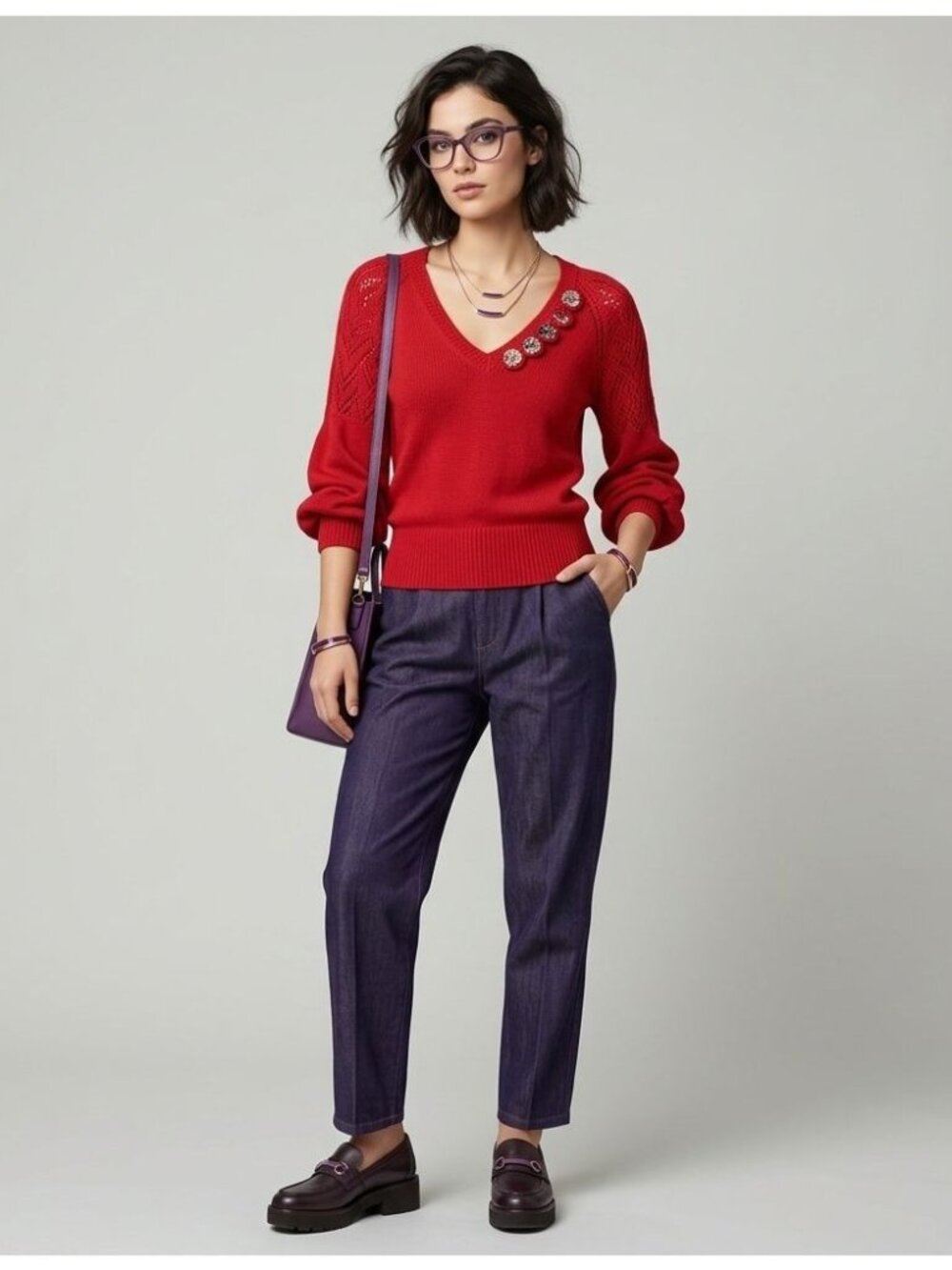 Marc Jacobs M Womens Red Knit V-Neck Sweater Floral Appliques Cotton Blend